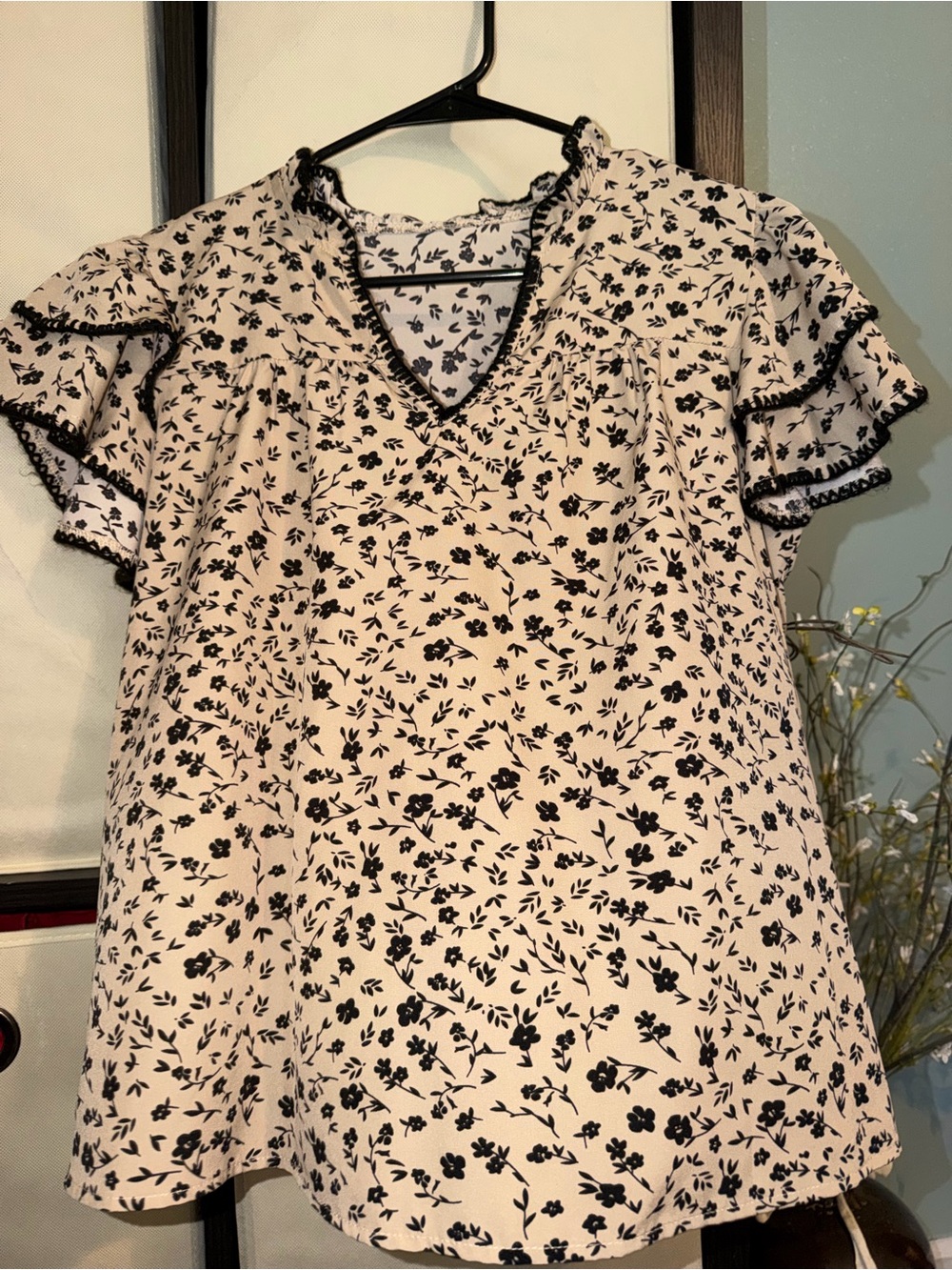 SHEIN Cream Blouse with Black Floral Print and Ruffle Sleeves